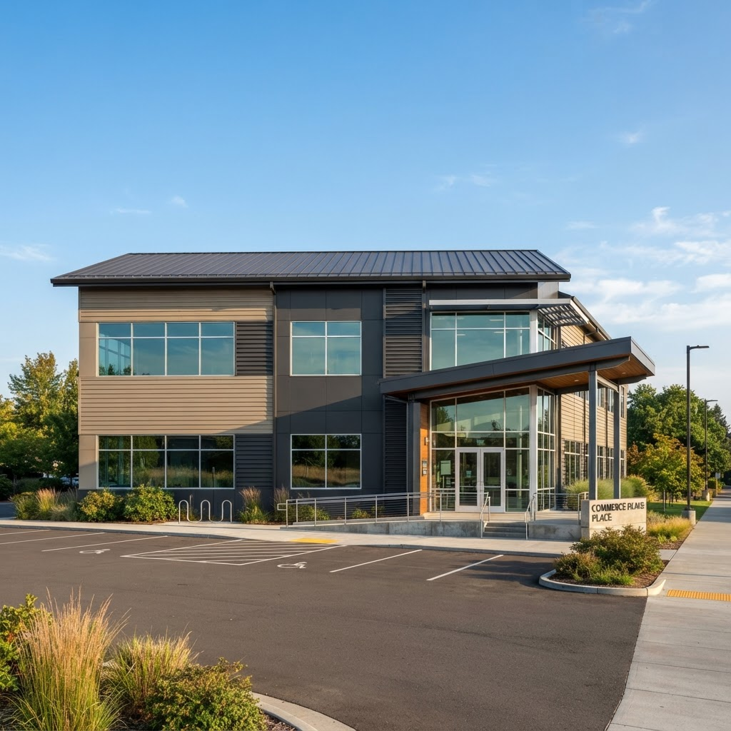 A completed pre-engineered metal commercial building against a clear sky