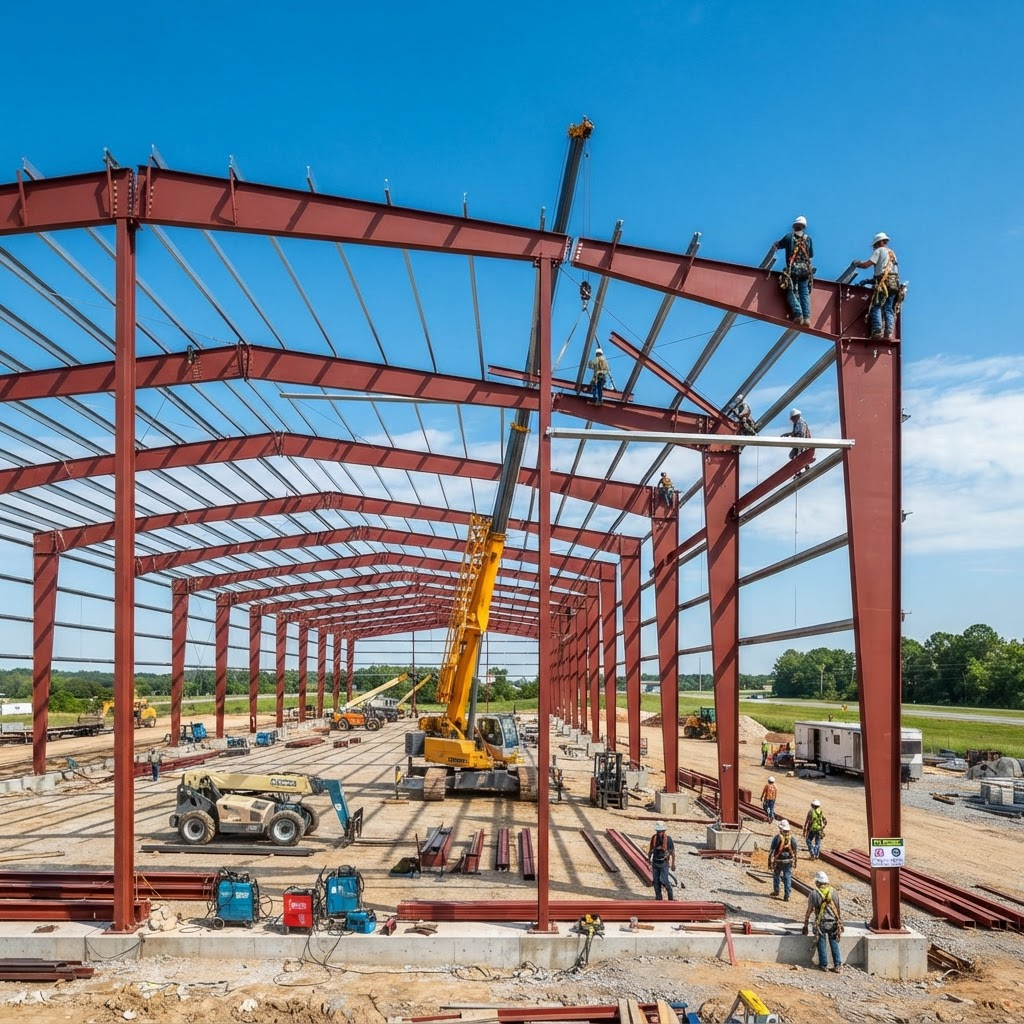 Steel structural frame of a pre-engineered metal building under construction